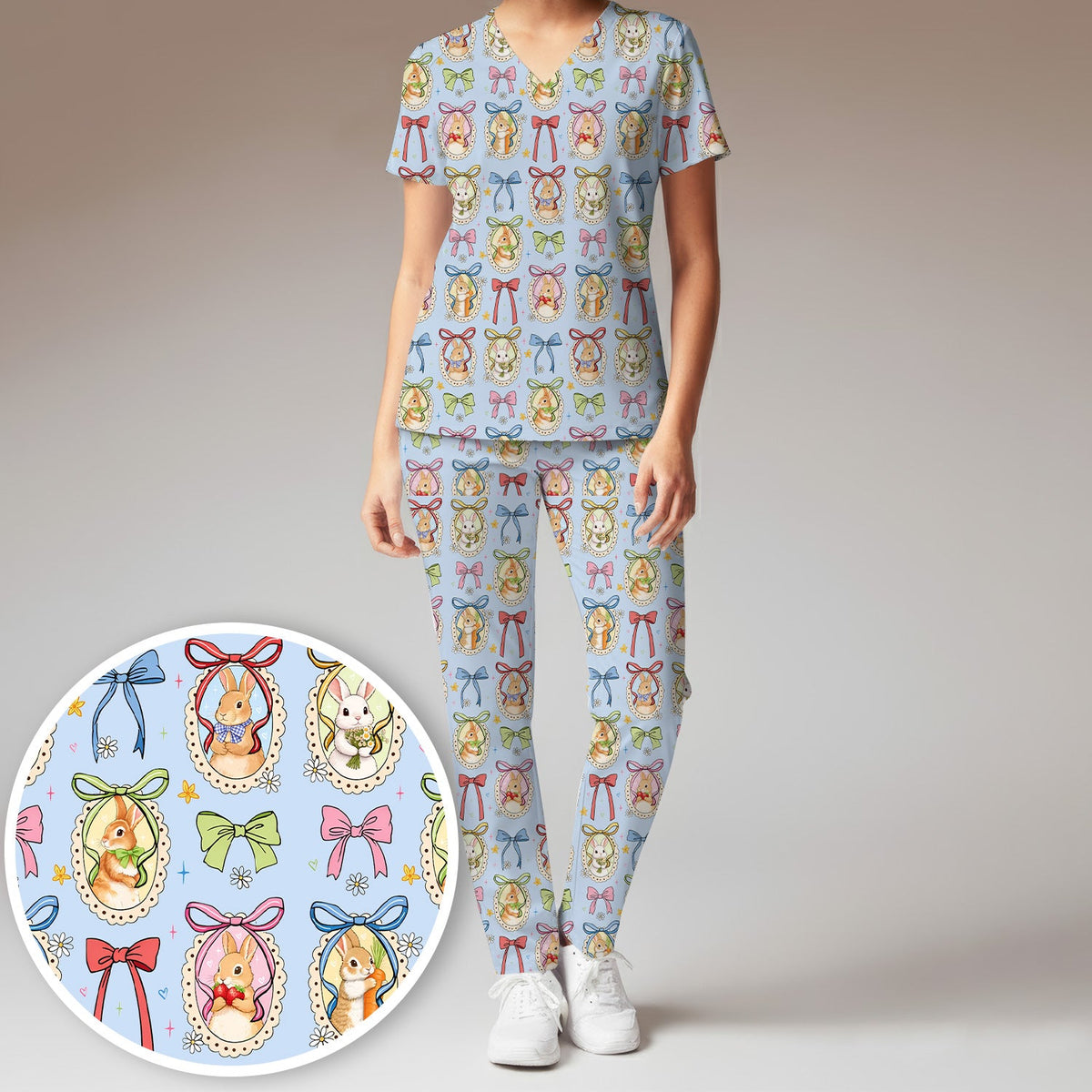 Bunny Cameo Bow Nurse Scrub Set - Easter Gift