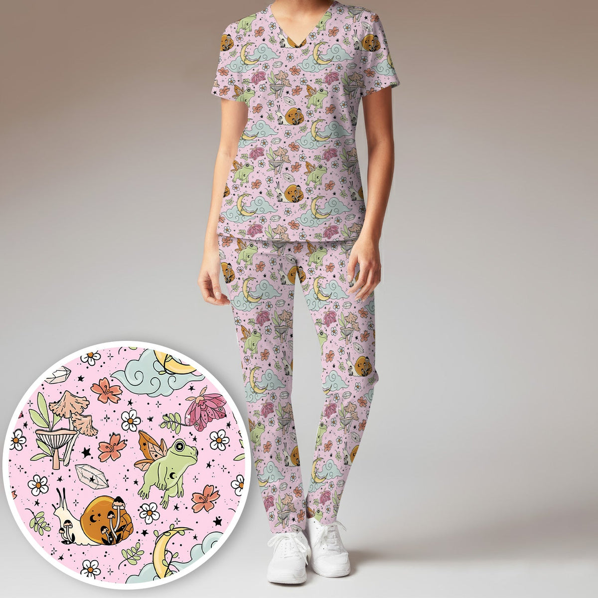 Whimsical Frog Moon Mushroom Nurse Scrub Set