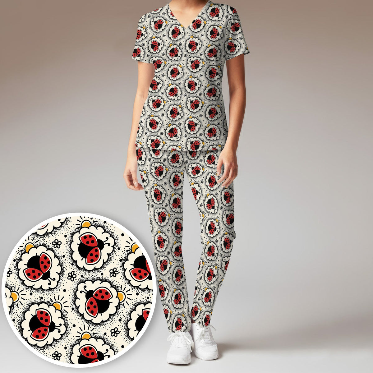 Ladybug Floral Frame Nurse Scrub Set