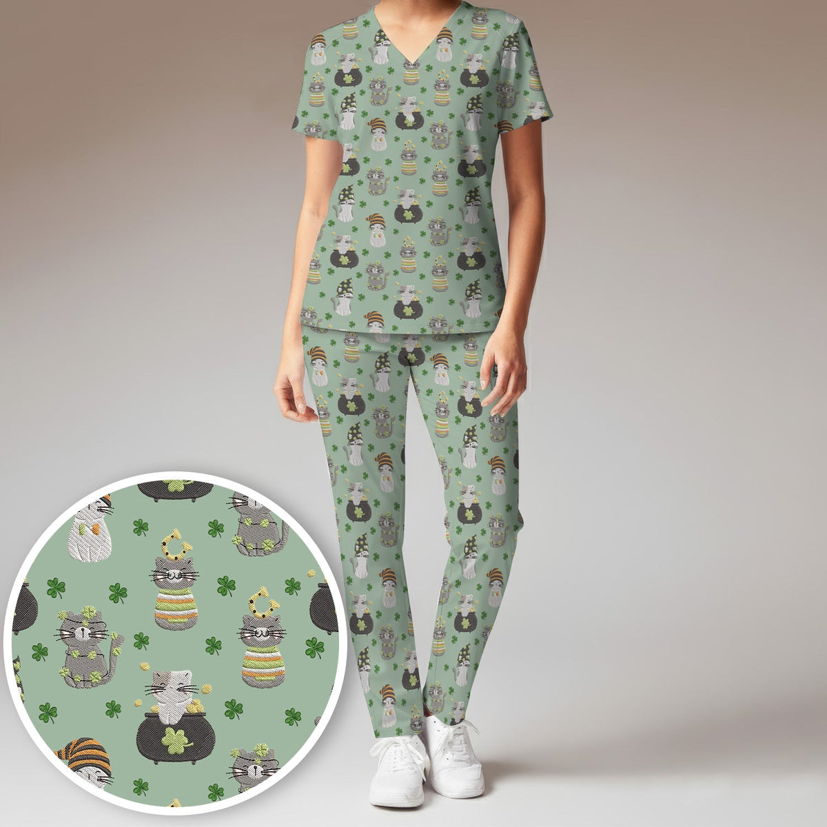 St Patrick Lucky Cat Shamrock Nurse Scrub Set