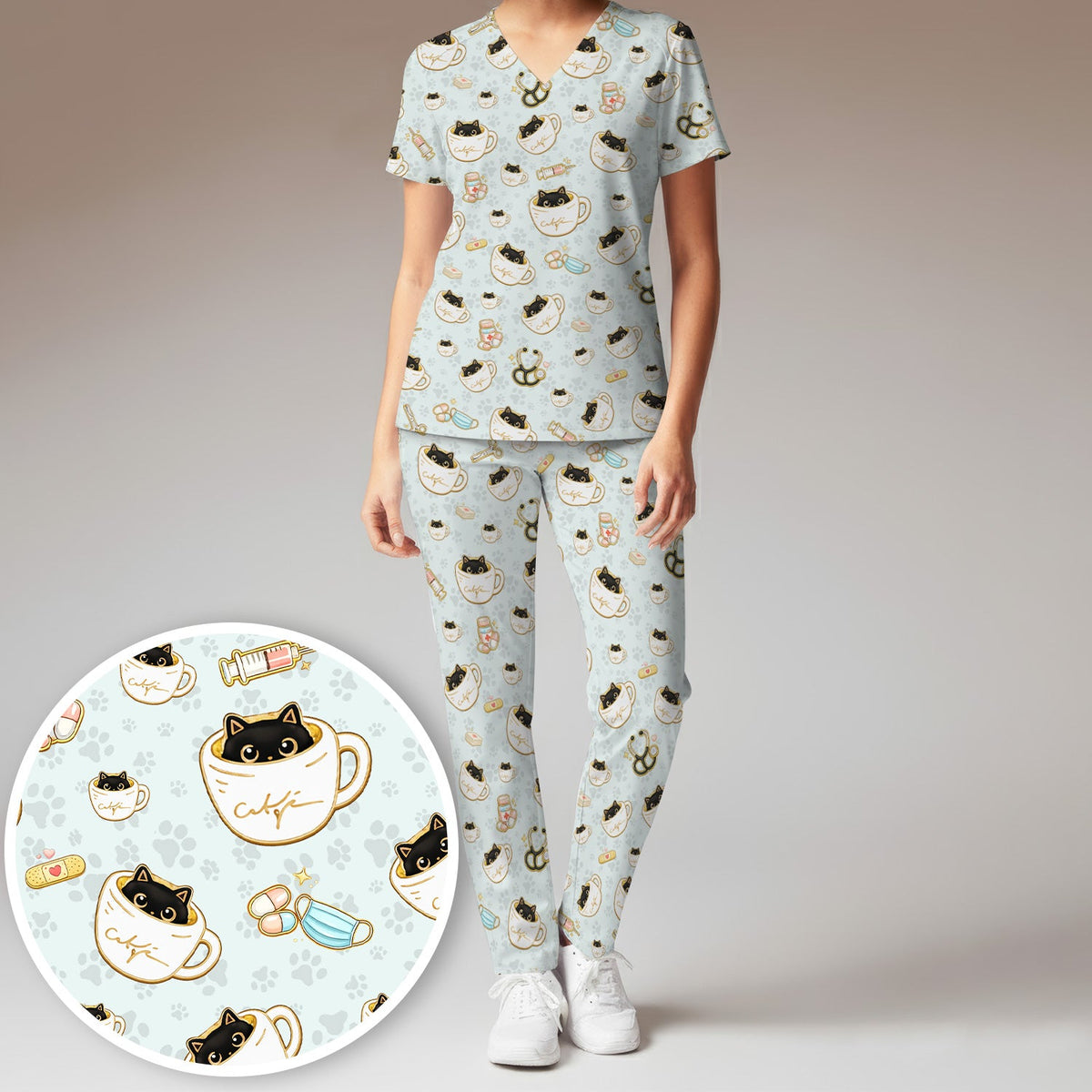 Coffee Cat Nurse Scrub Set