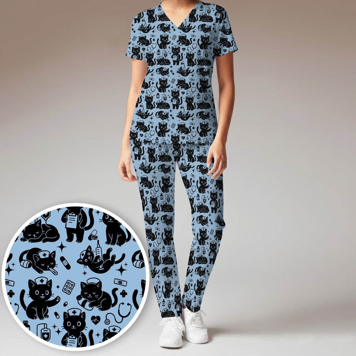 Cute White Black Cat Nurse Scrub Set