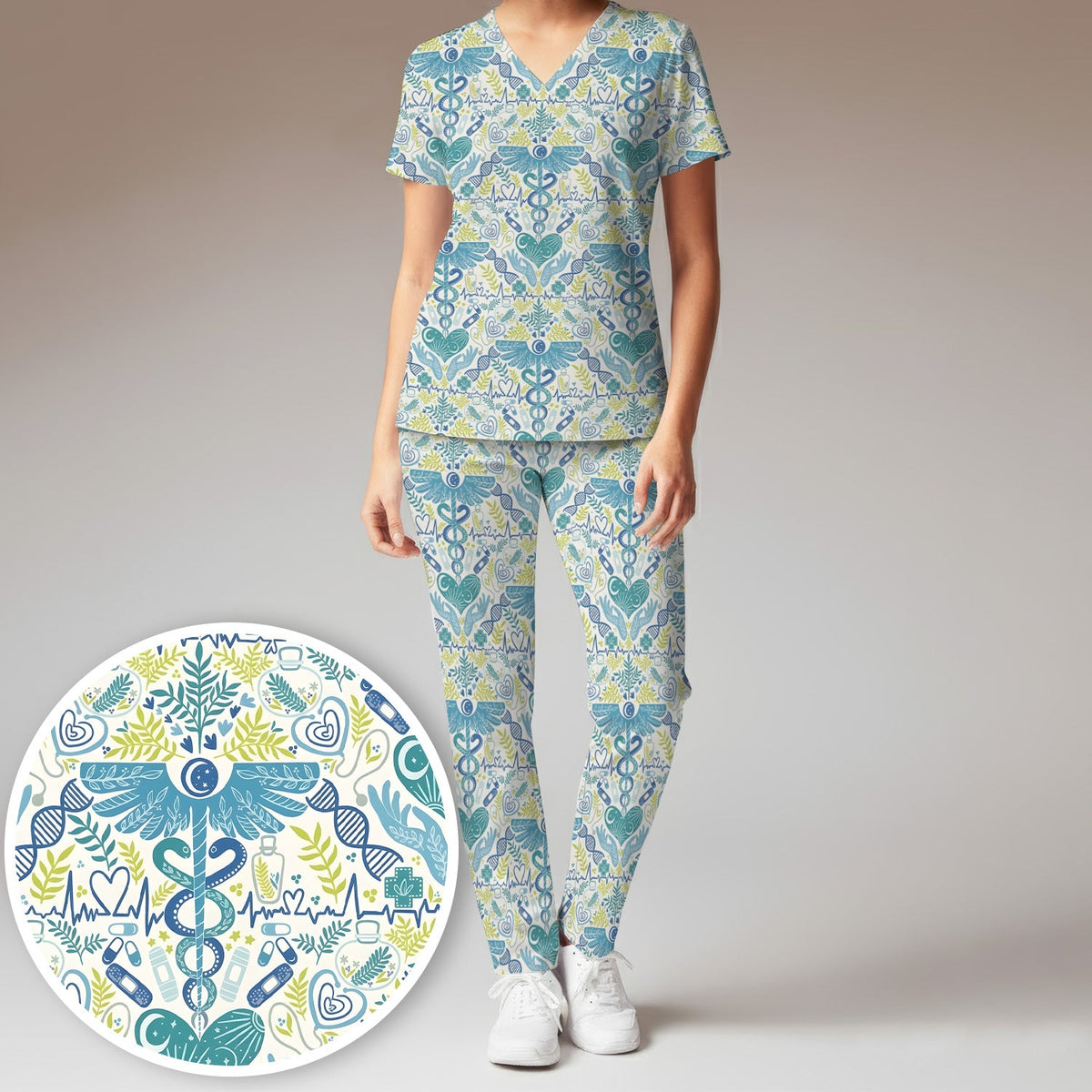 Botanical Caduceus Heart Nurse Scrub Set