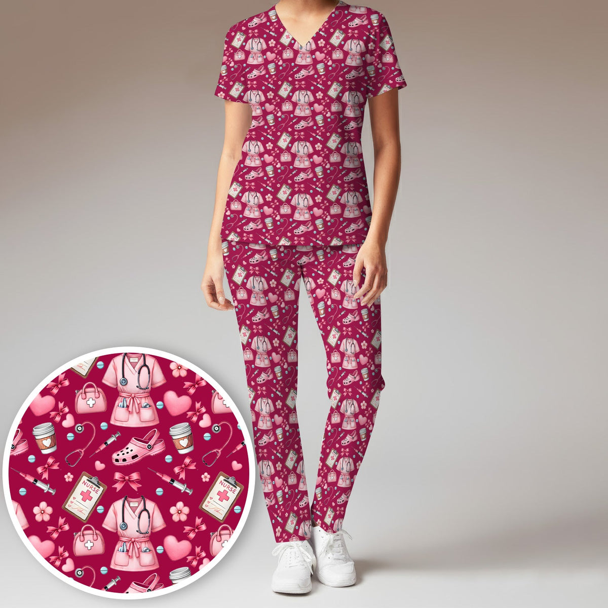 Valentine Pink Nurse Icons Scrub Set
