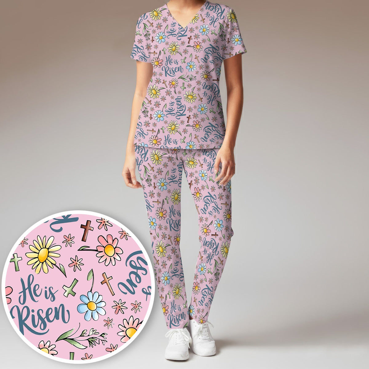 Risen Cross Flower Nurse Scrub Set - Easter Gift