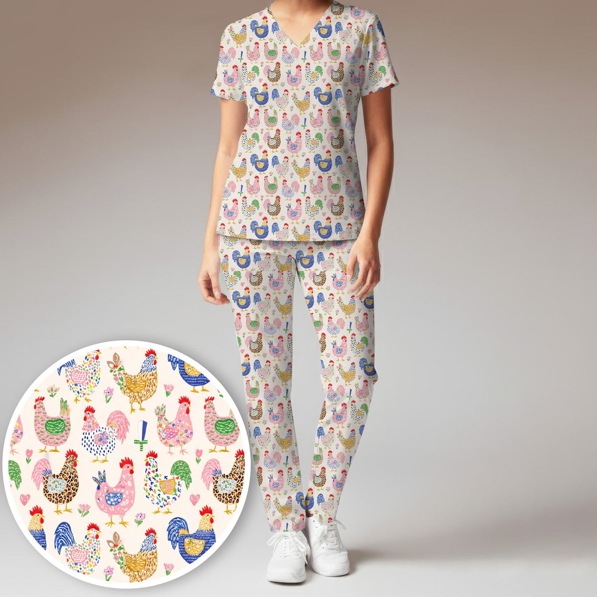 Colorful Chicken Farm Nurse Scrub Set