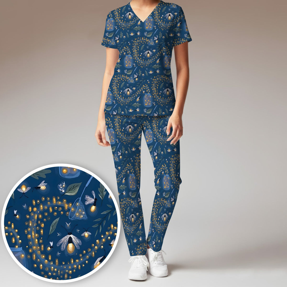 Cute Nurse Firefly Pattern Scrub Set, Scrub Pants and V Neck Top