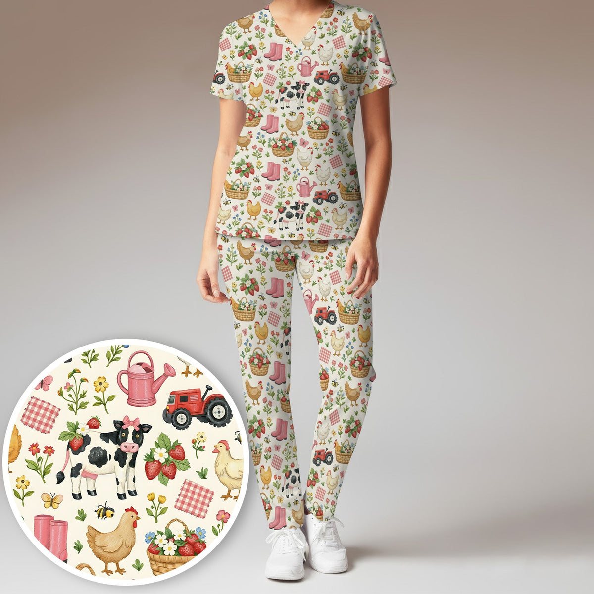 Whimsical Farm Animals Garden Pattern Scrub Top, Comfortable Scrubs for Nurses
