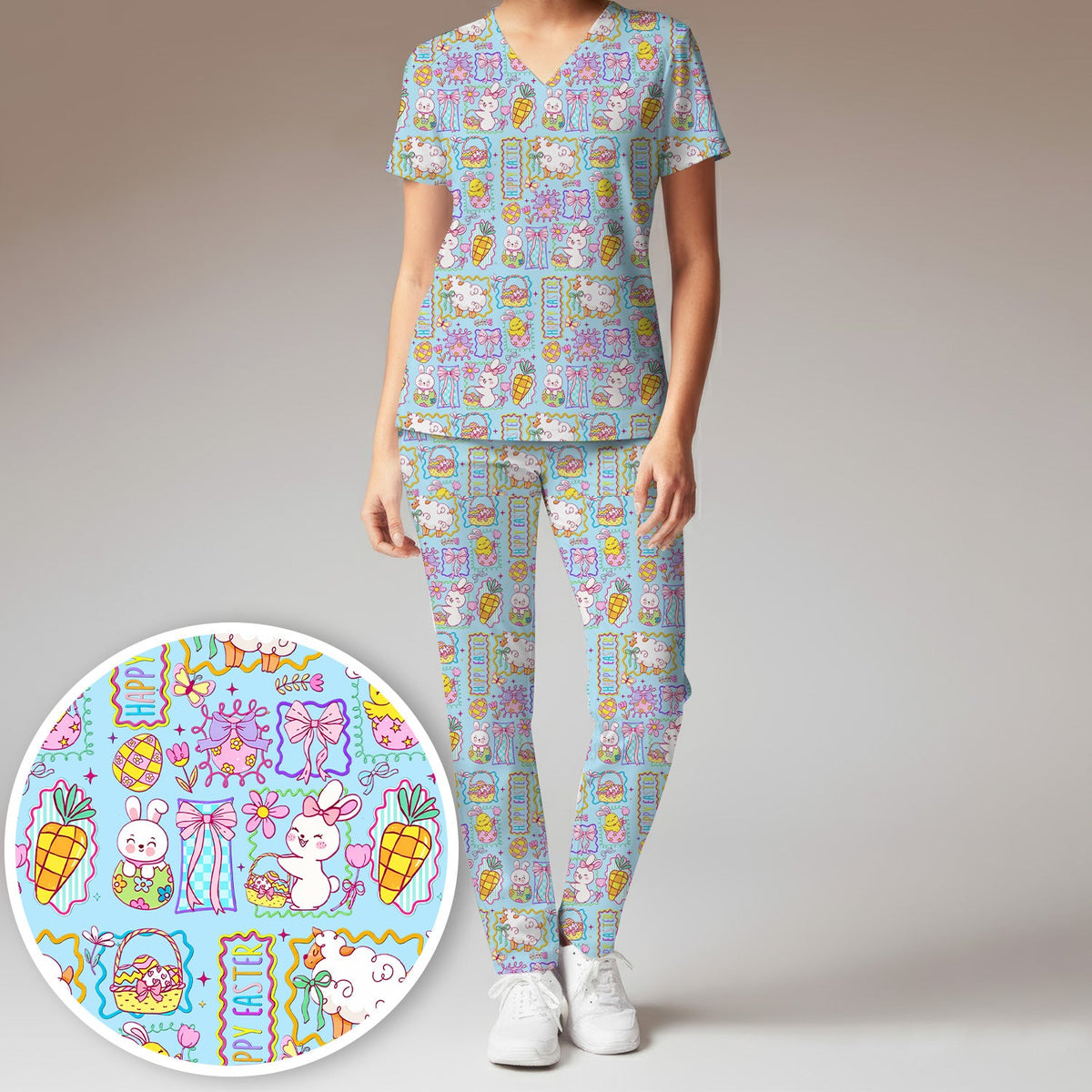 Cute Easter Bunny Egg and Bow Print Scrub Set, Scrub Pants and V Neck Top