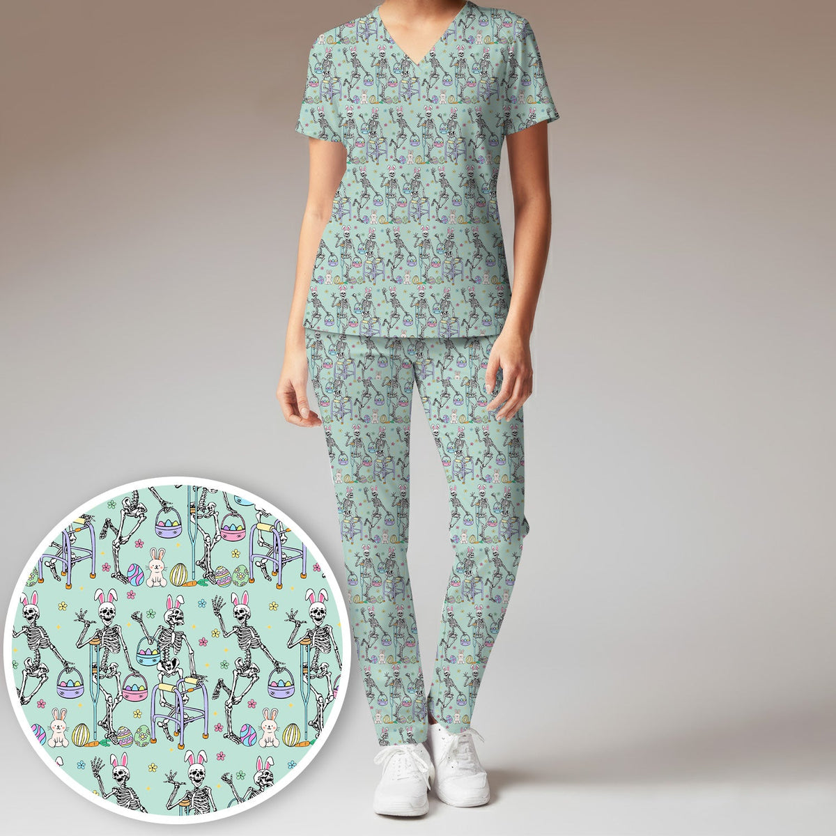 Fun Skeleton Bunny Nurse Scrub Set - Easter Gift