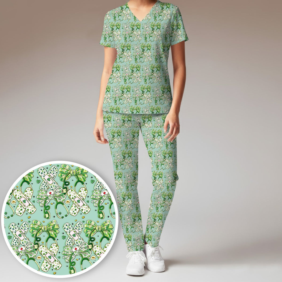 St Patrick Shamrock Stethoscope Nurse Scrub Set