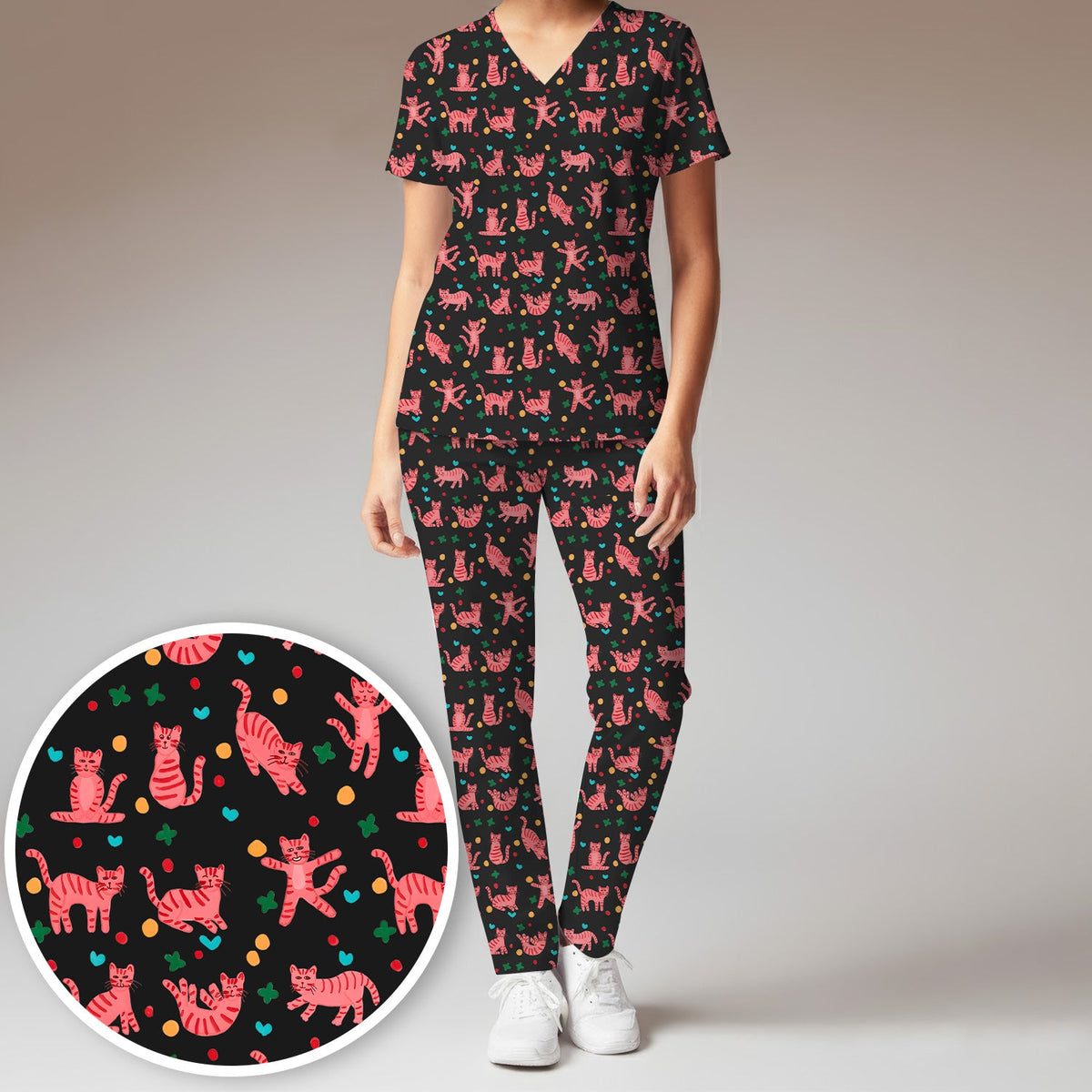 Pink Cat Nurse Scrub Set