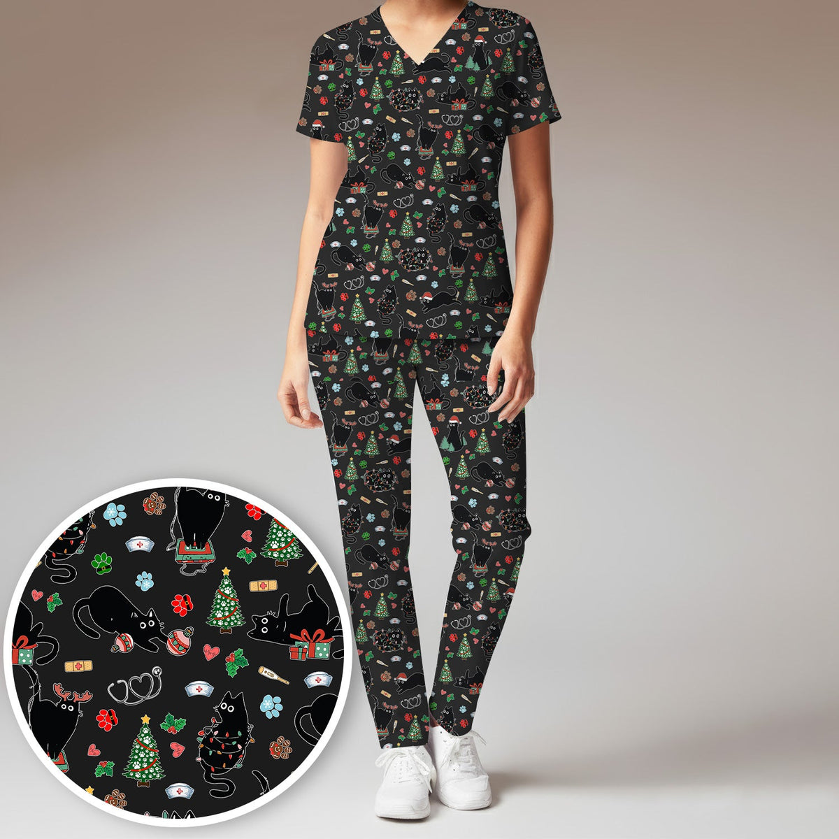 Black Cat Christmas Nurse Scrub Set, Festive Kitty Medical Uniform for Women