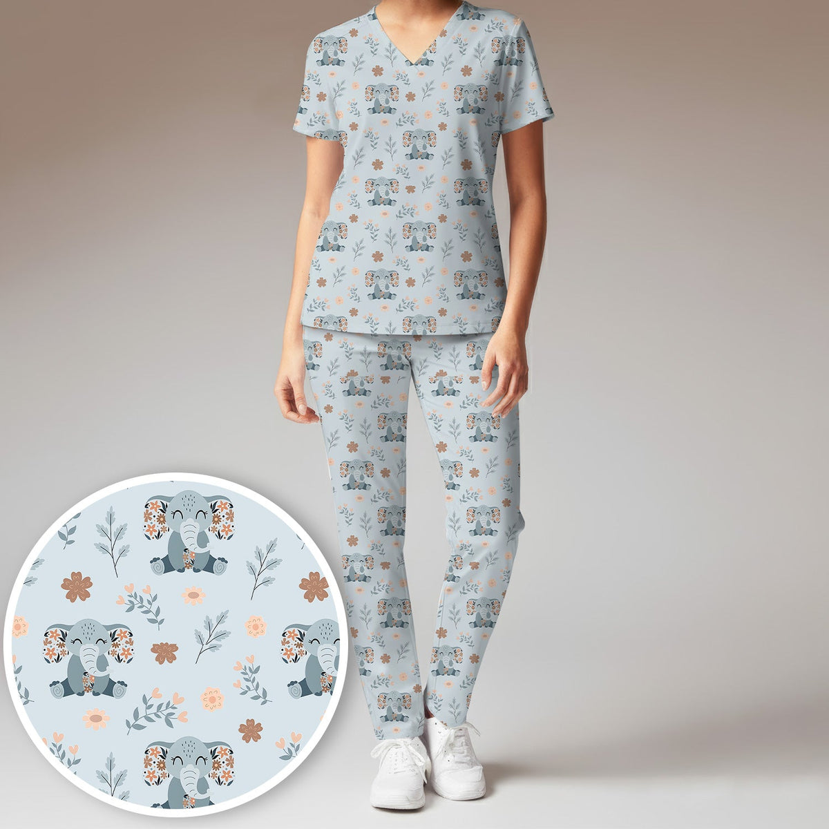 Cute Elephant Floral Print Scrub Set, Scrub Pants and V Neck Top