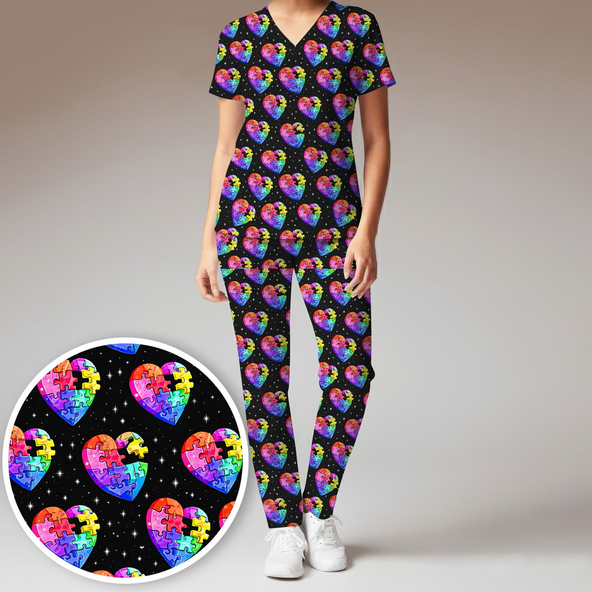 Rainbow Autism Puzzle Heart Starry Sky Nurse Scrub Set