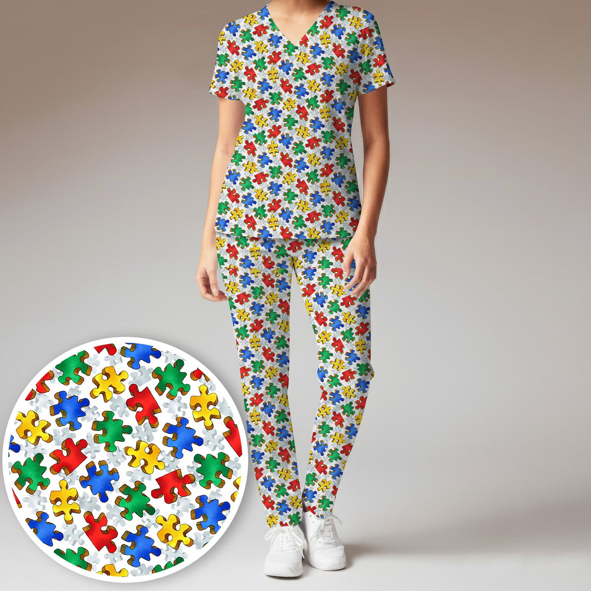 Colorful Autism Puzzle Piece Nurse Scrub Set
