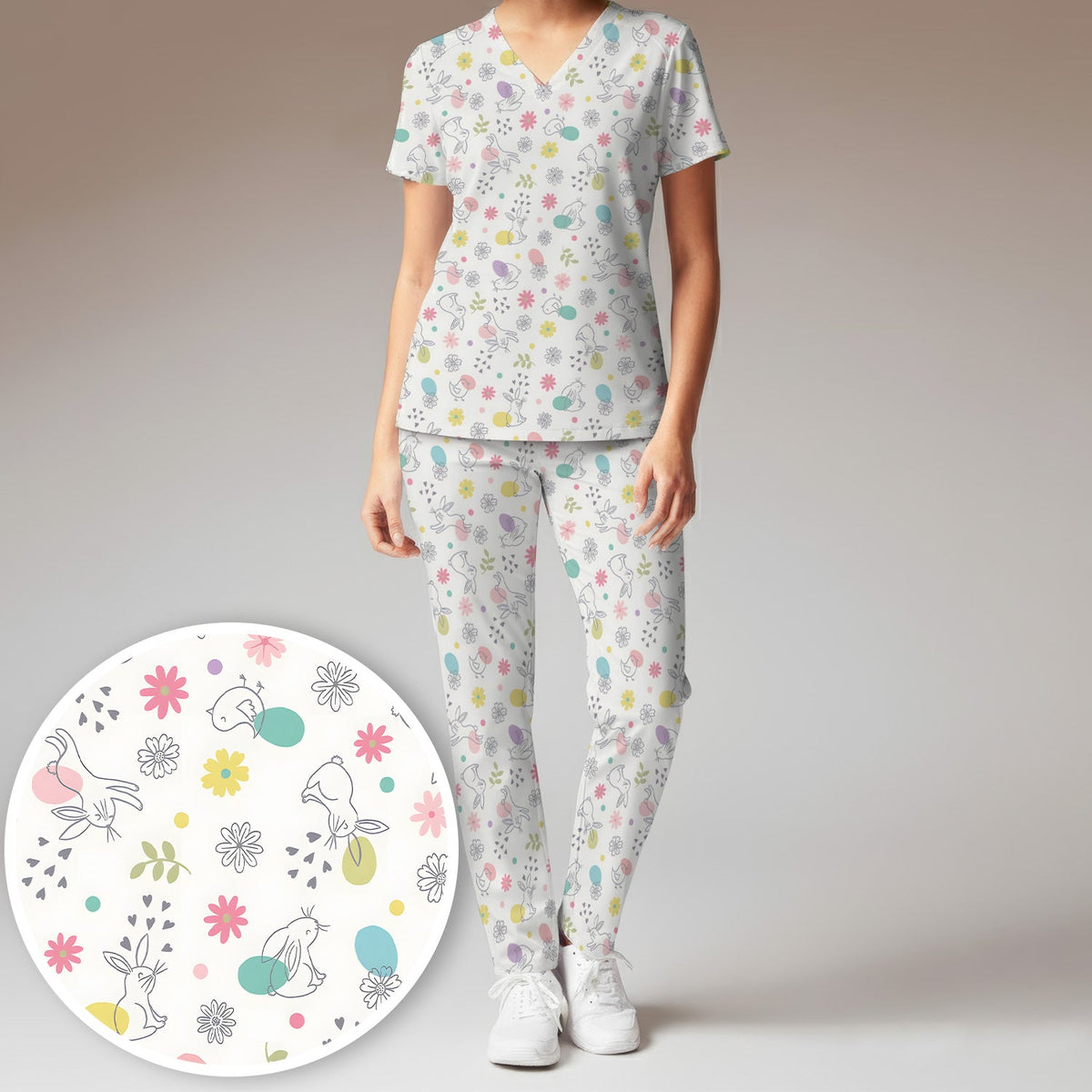 Whimsical Easter Bunny Eggs Nurse Scrub Set