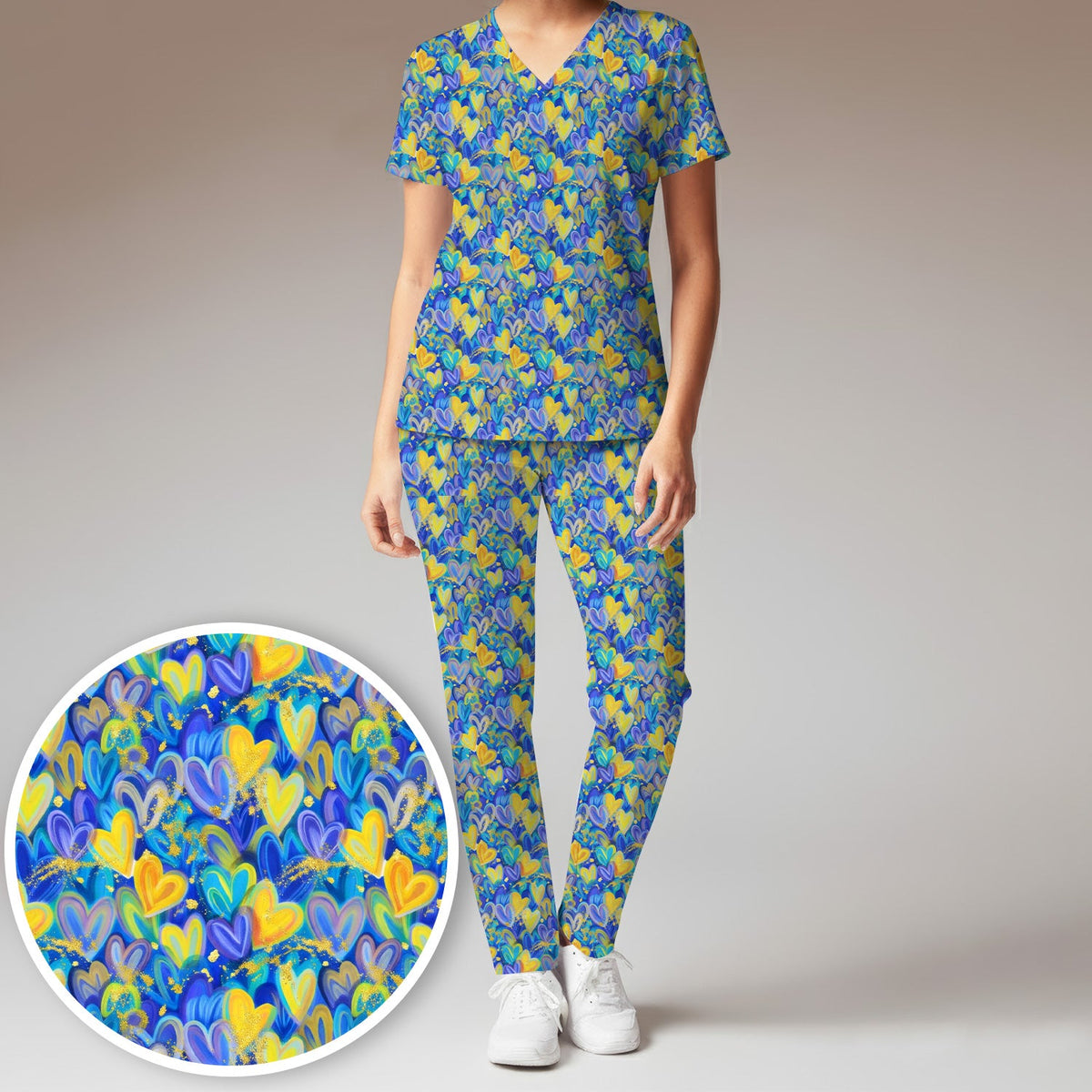 Blue Yellow Layered Heart Nurse Scrub Set