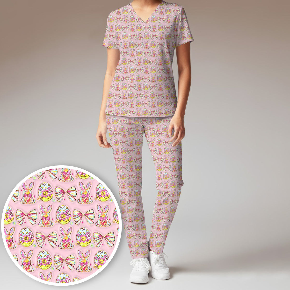 Bunny Pastel Egg Bow Nurse Scrub Set - Easter Gift