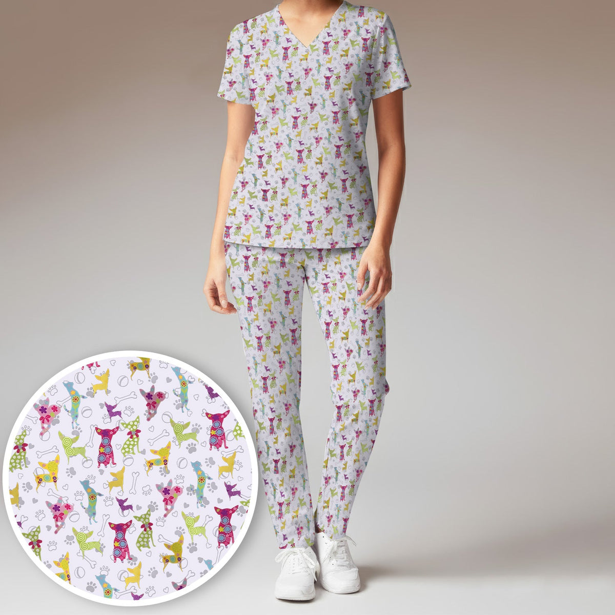 Colorful Playful Dog Nurse Scrub Set