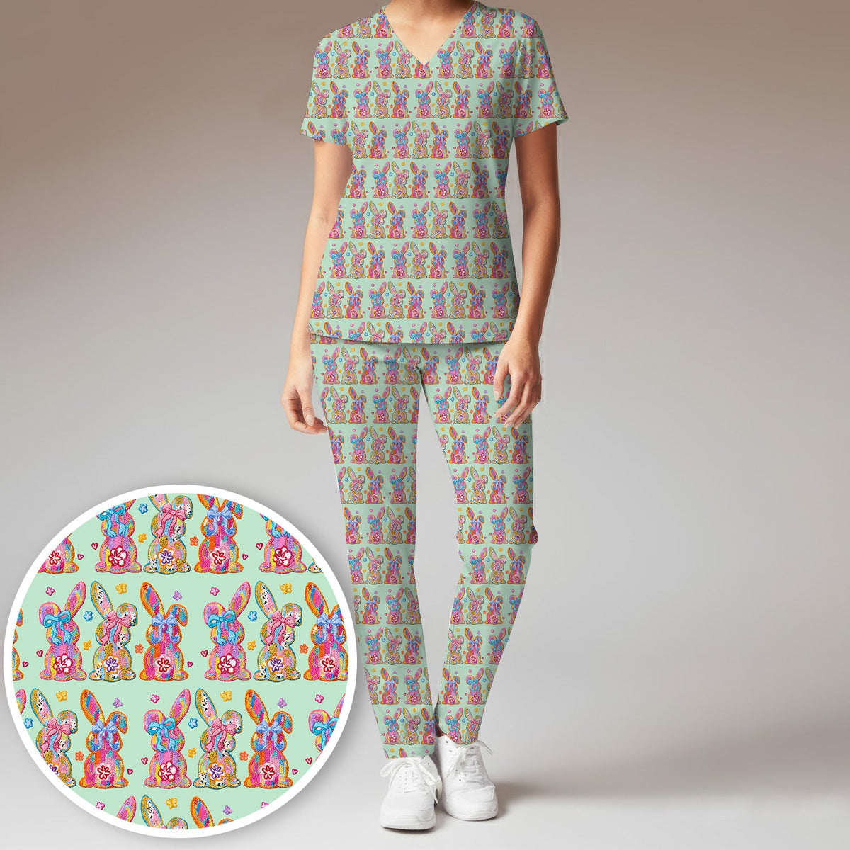 Pastel Bunny Floral Nurse Scrub Set