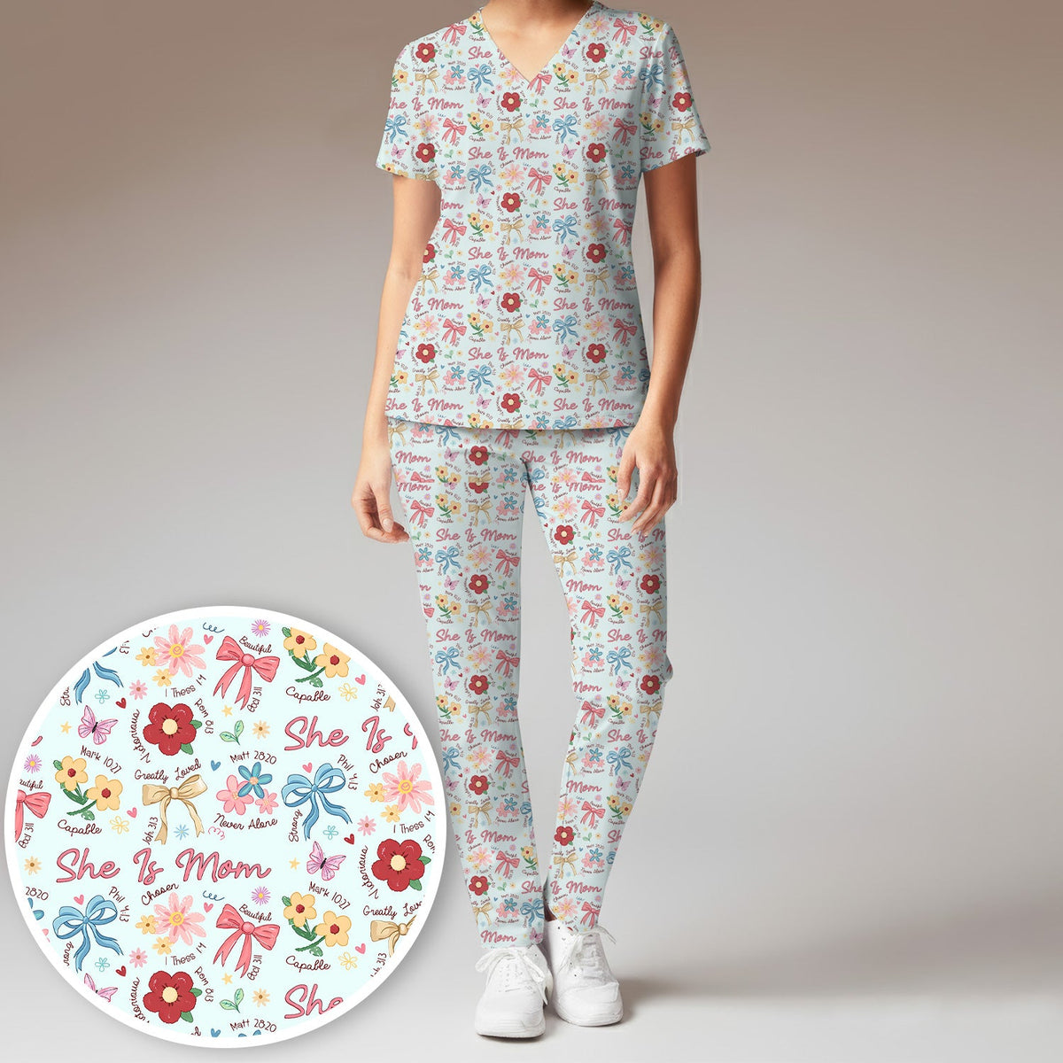 She Is Mom Flower Bow Nurse Scrub Set