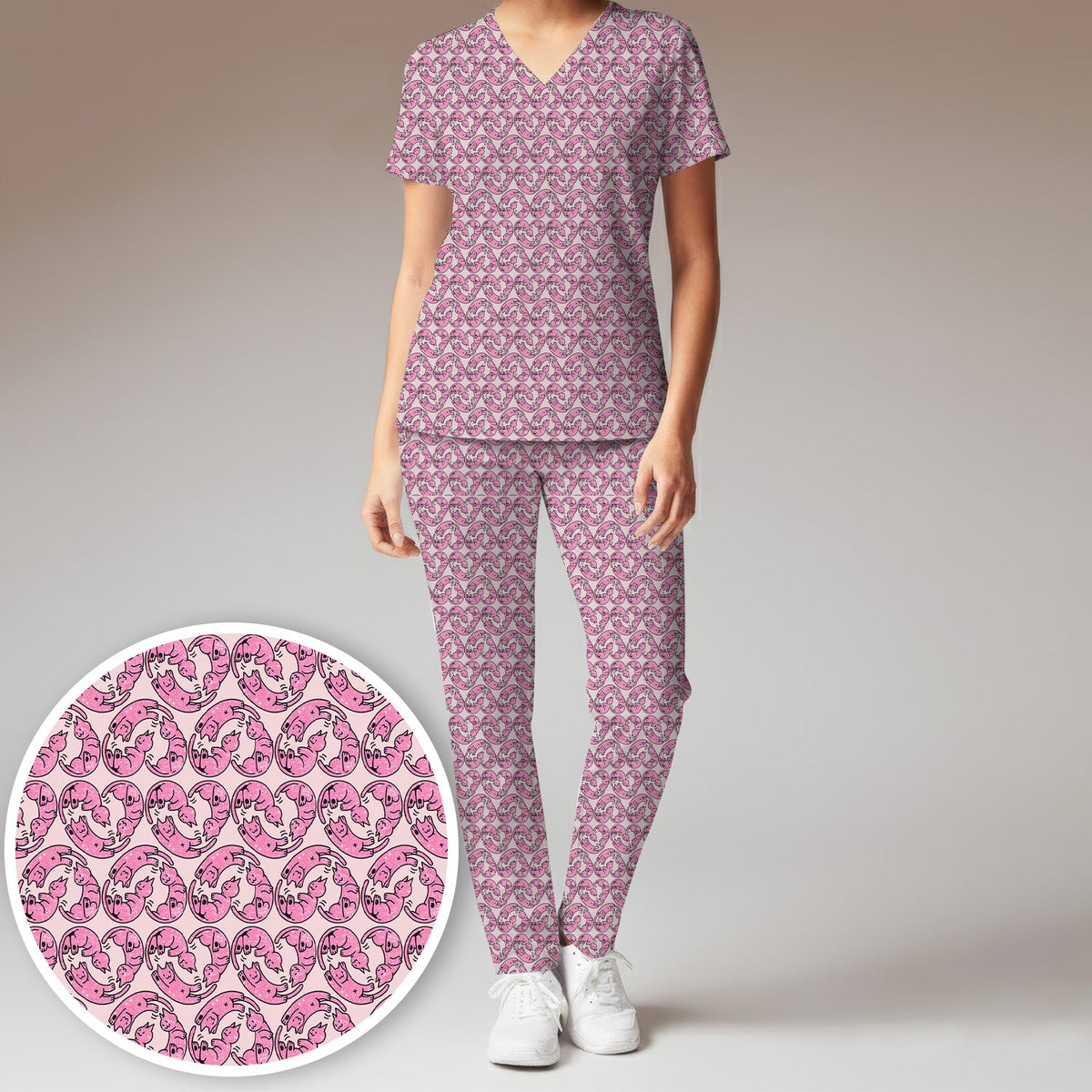 Pink Cat Cartoon Nurse Scrub Set