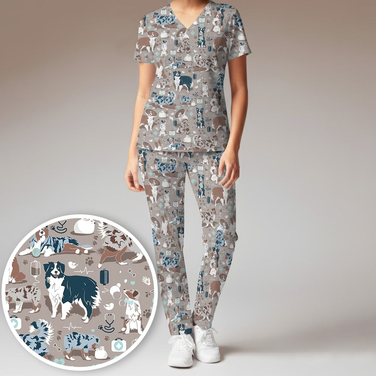 Cute Dog Pattern Women's Veterinary Scrub Set, Scrub Pants and V Neck Top