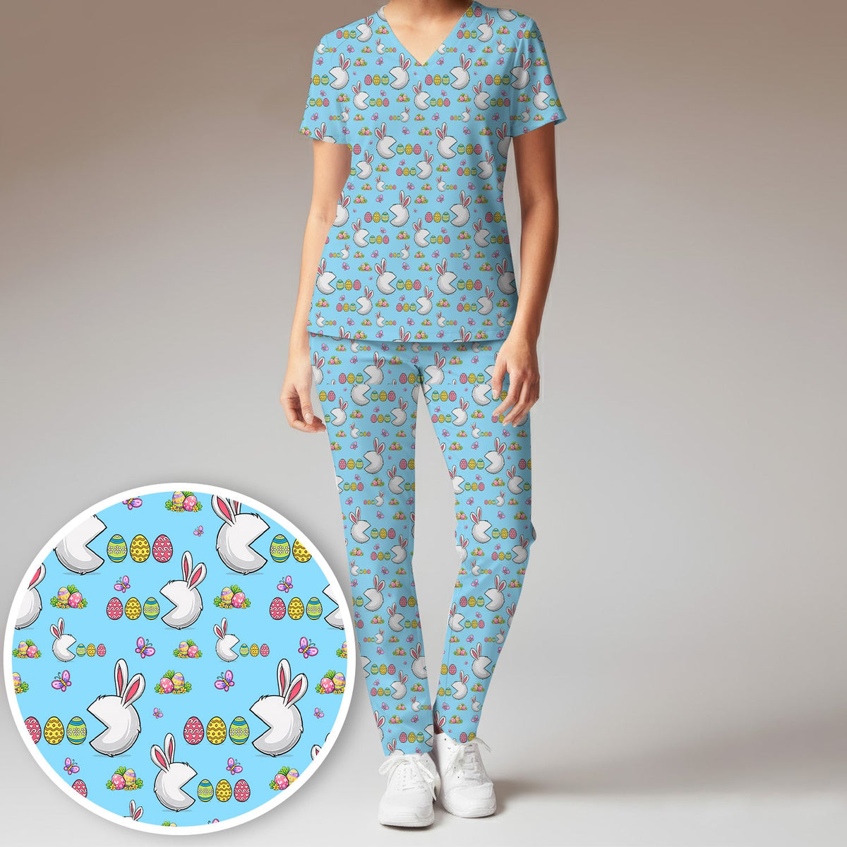 Bunny Colorful Eggs Nurse Scrub Set - Easter Gift