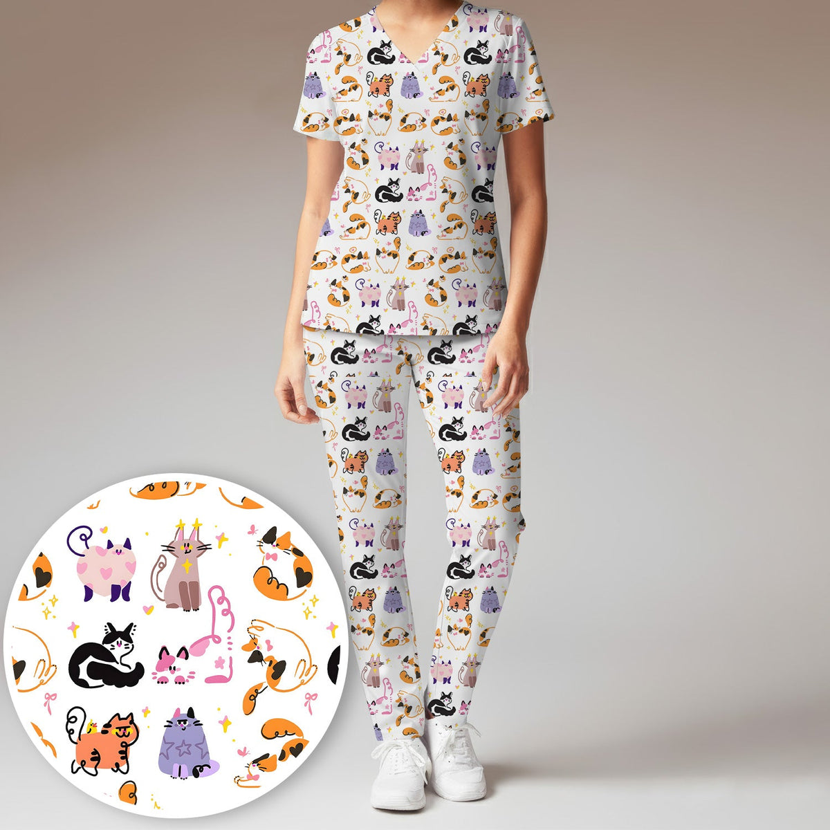 Cute Cats Pattern Nurse Scrub Set