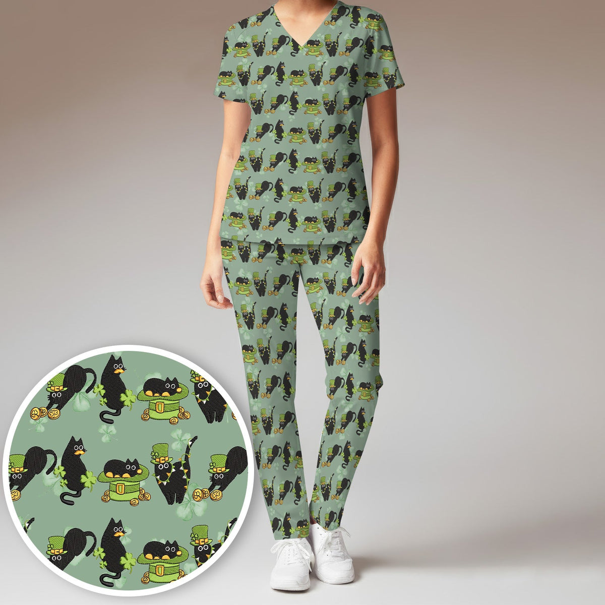 St Patrick Black Cat Clover Nurse Scrub Set