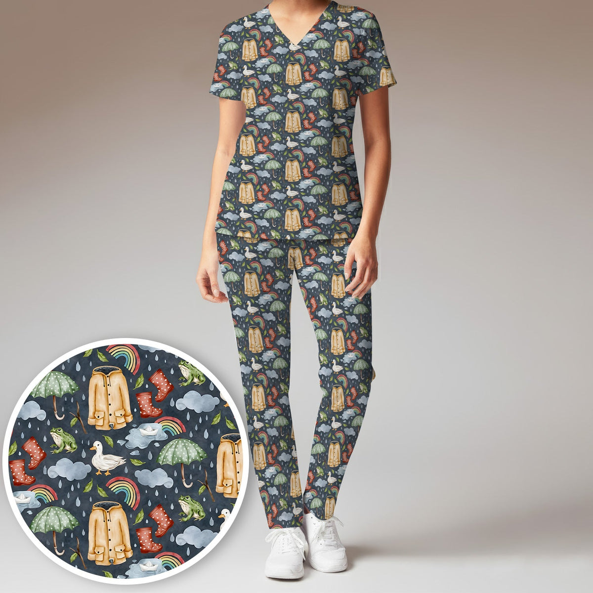 Rainy Day Ducks & Frog Nurse Scrub Set