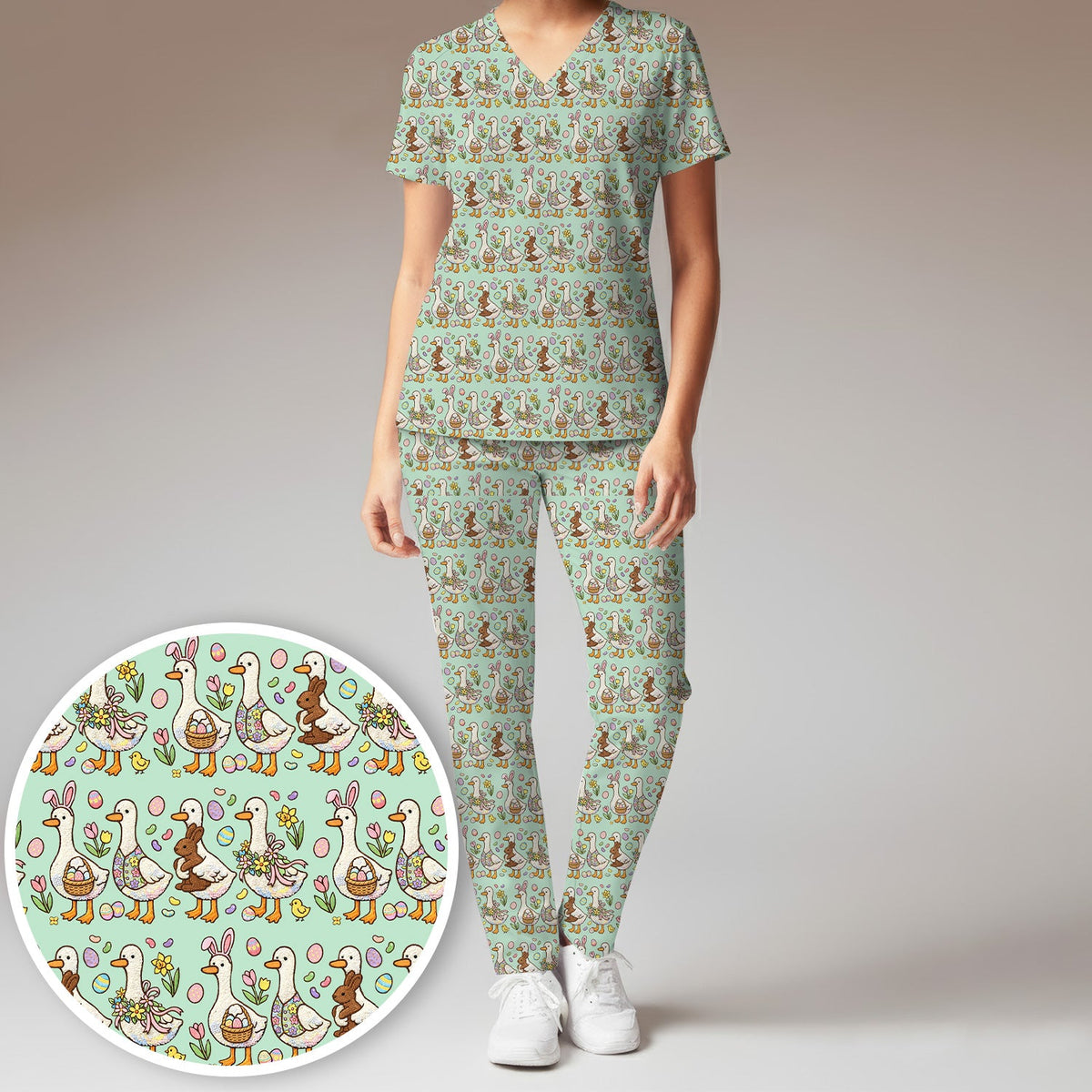 Duck Bunny Egg Floral Nurse Scrub Set - Easter Gift