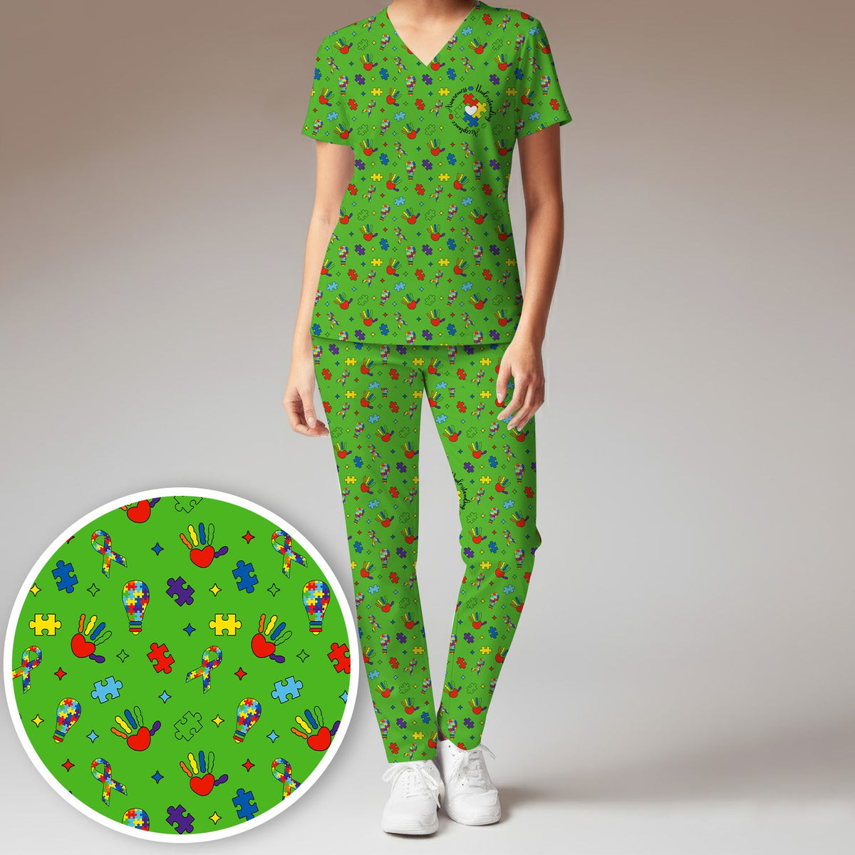 Autism Awareness Colorful Puzzle Nurse Scrub Set