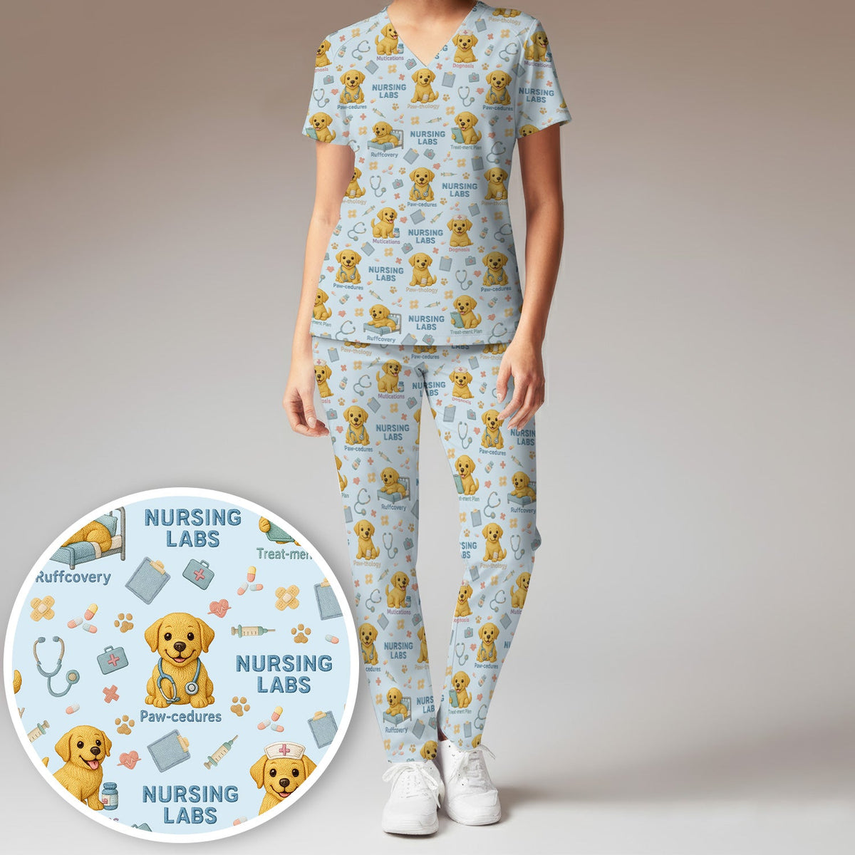 Labrador Nursing Scrub Set, Cute Dog Pattern Nurse Uniform,  Comfortable Scrubs For Nurses