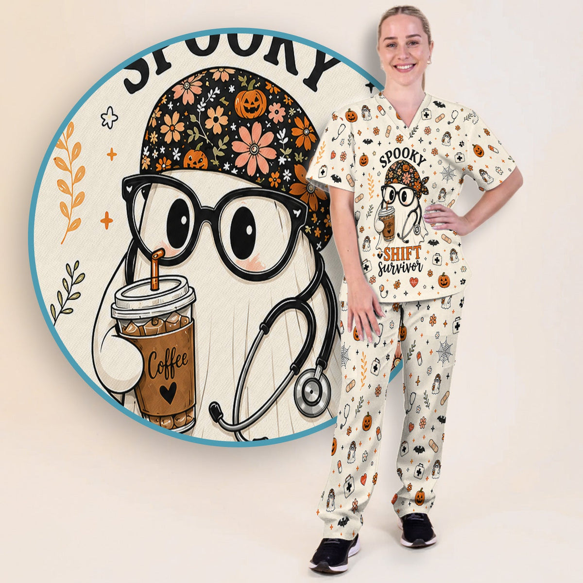 Shift Survivor Ghost Nurse Scrub Set - Halloween Gift