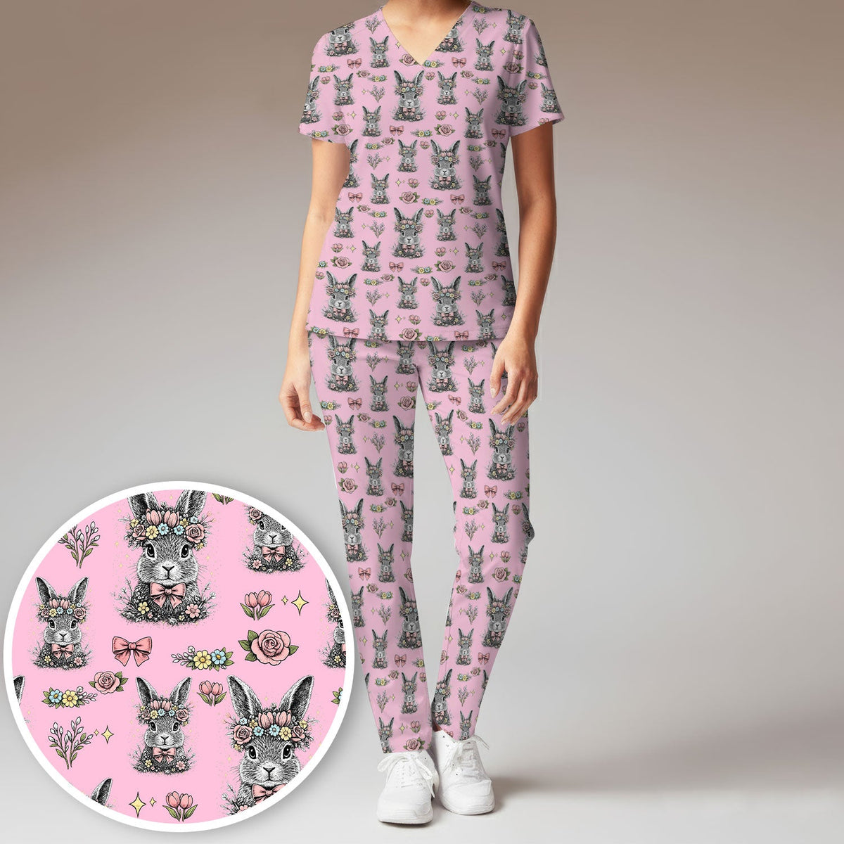 Vintage Floral Bunny Nurse Scrub Set
