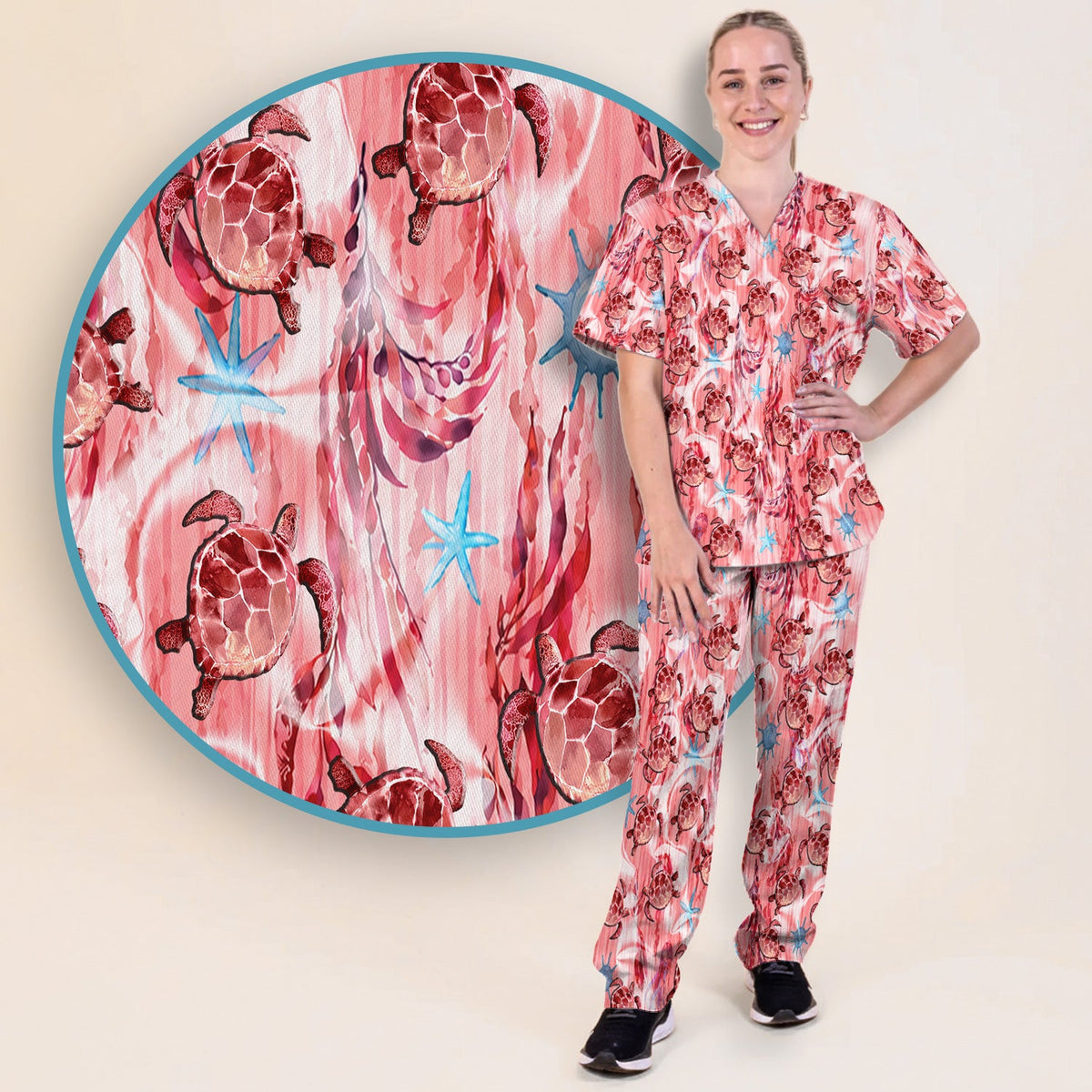 Pink Sea Turtle Ocean Nurse Scrub Set