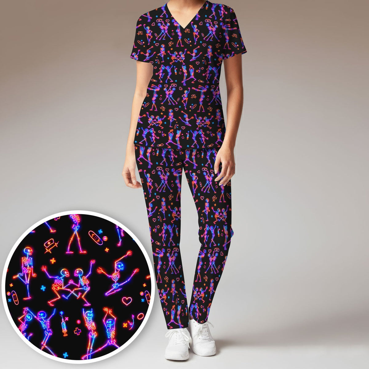Neon Dancing Skeleton Nurse Scrub Set