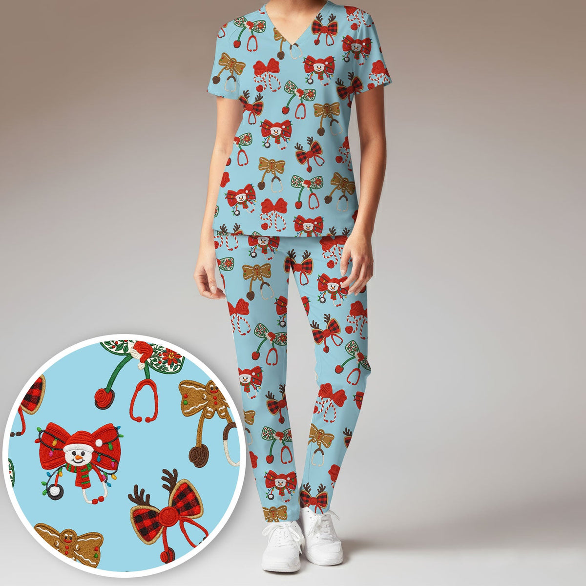 Christmas Stethoscope Bow Nurse Scrub Set