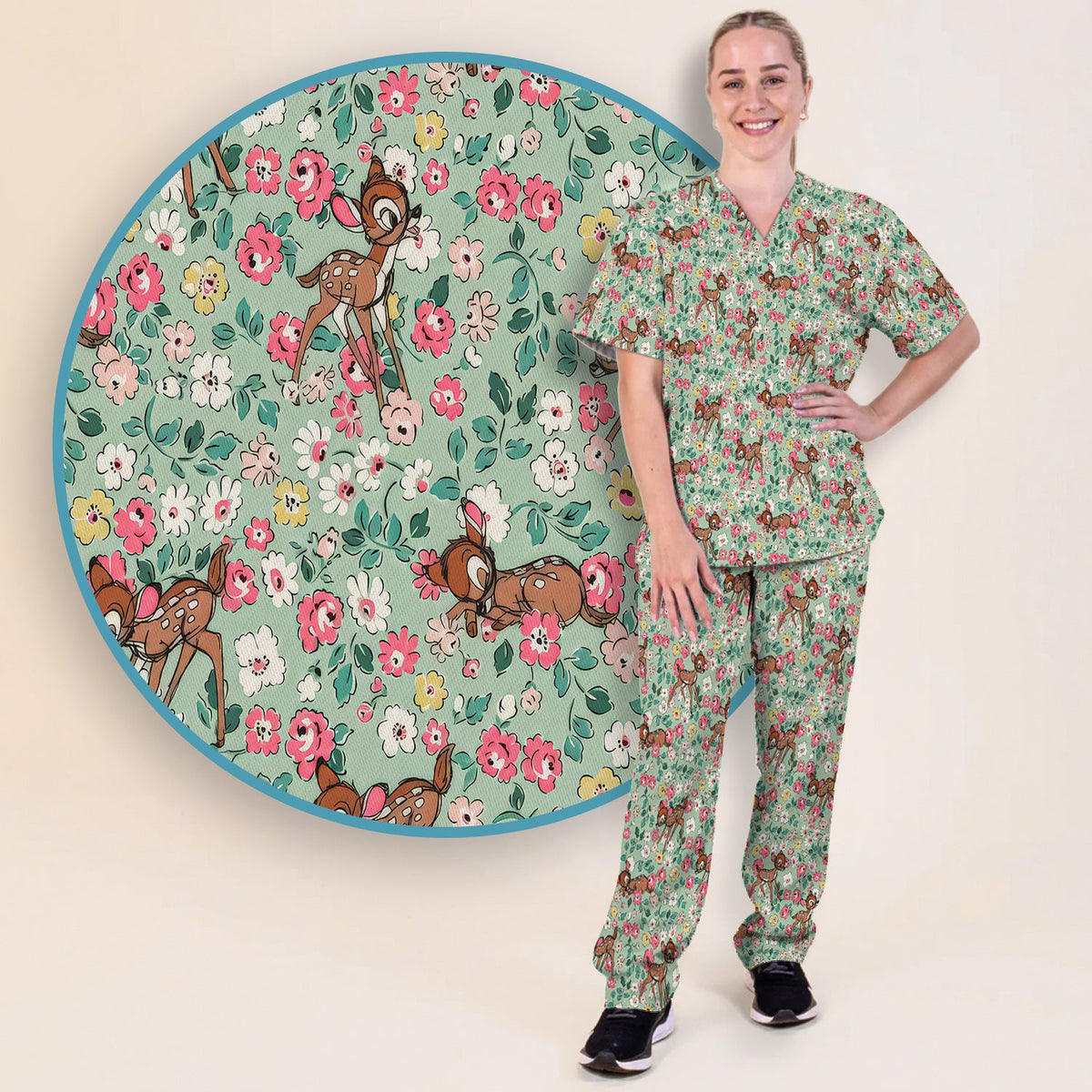 Cute Baby Deer Floral Nurse Scrub Set