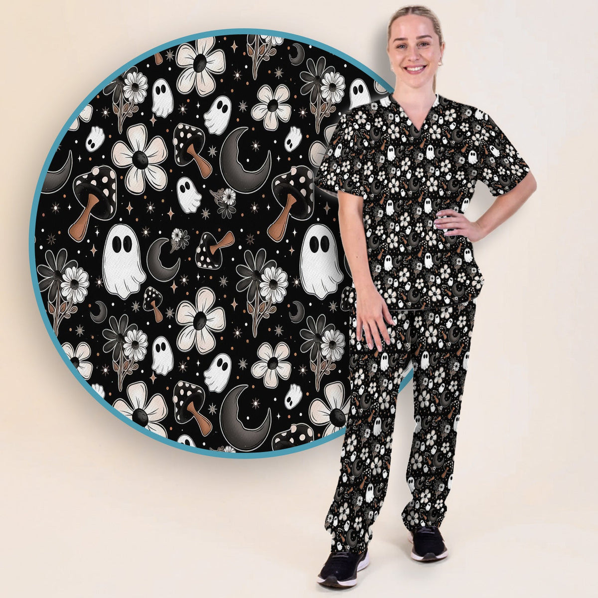 Floral Mushroom Ghost Nurse Scrub Set