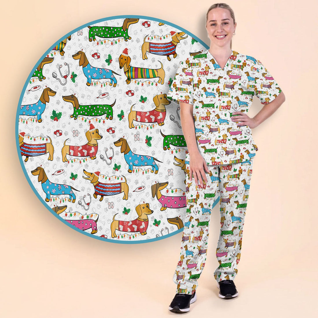 Green Christmas Dachshund Nurse Scrub Set