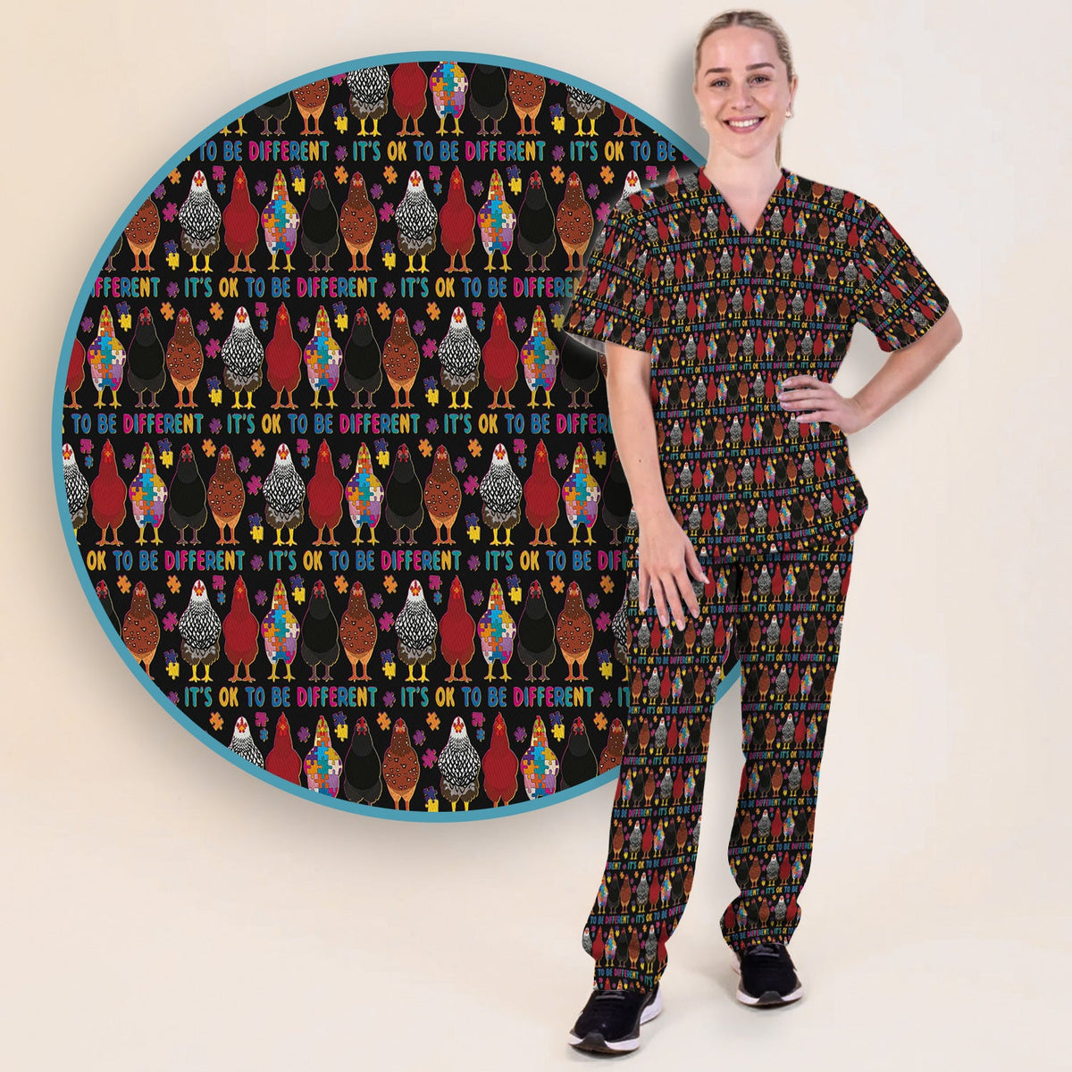 Autism Chicken It's OK To Be Different Nurse Scrub Set
