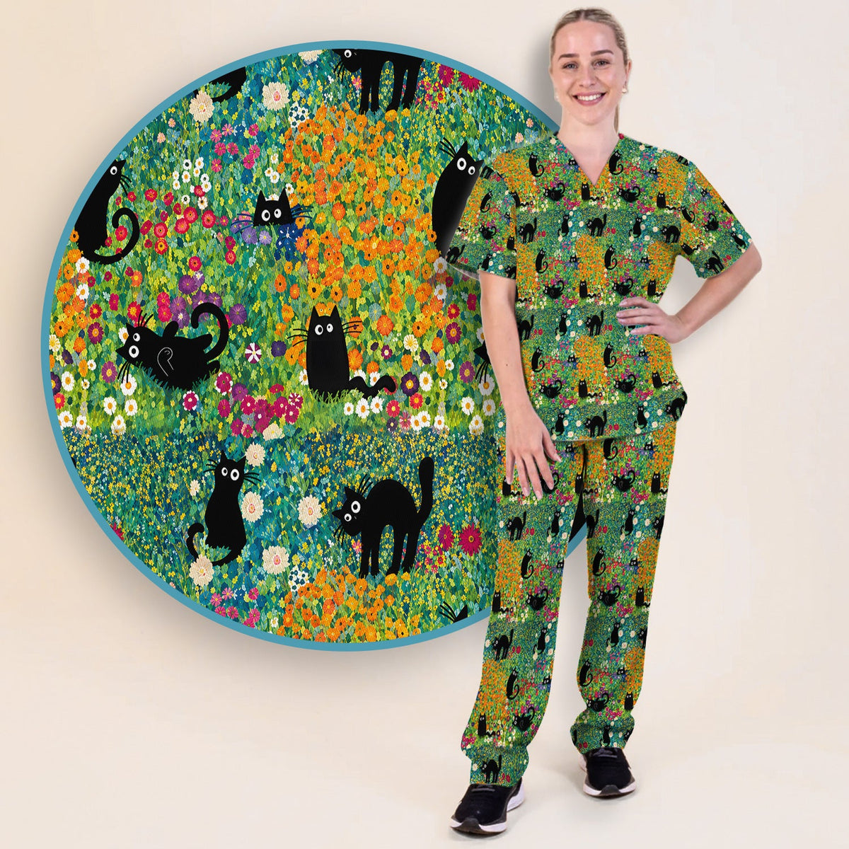 Black Cat Flower Garden Nurse Scrub Set