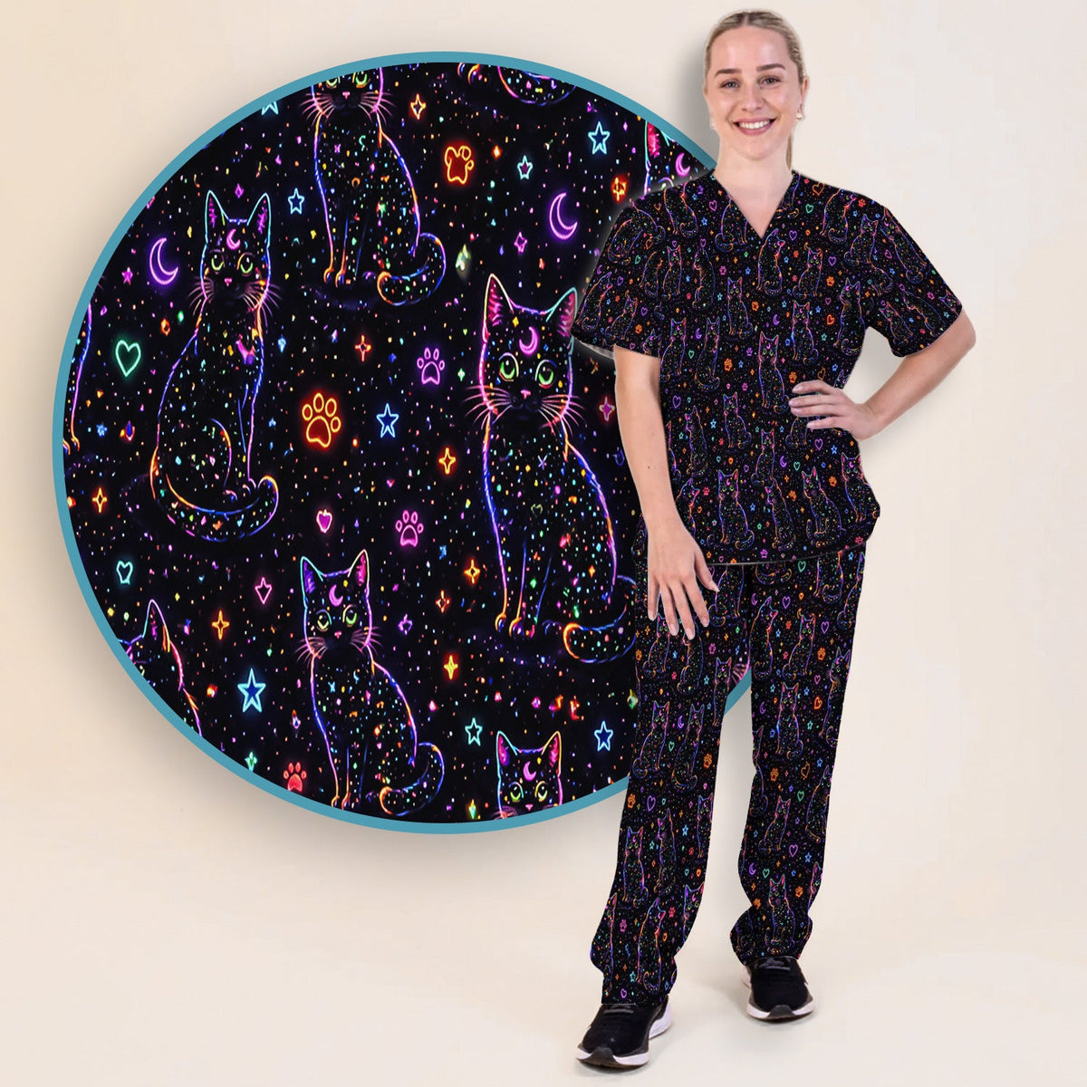 Mystical Cosmic Moon Cat Nurse Scrub Set