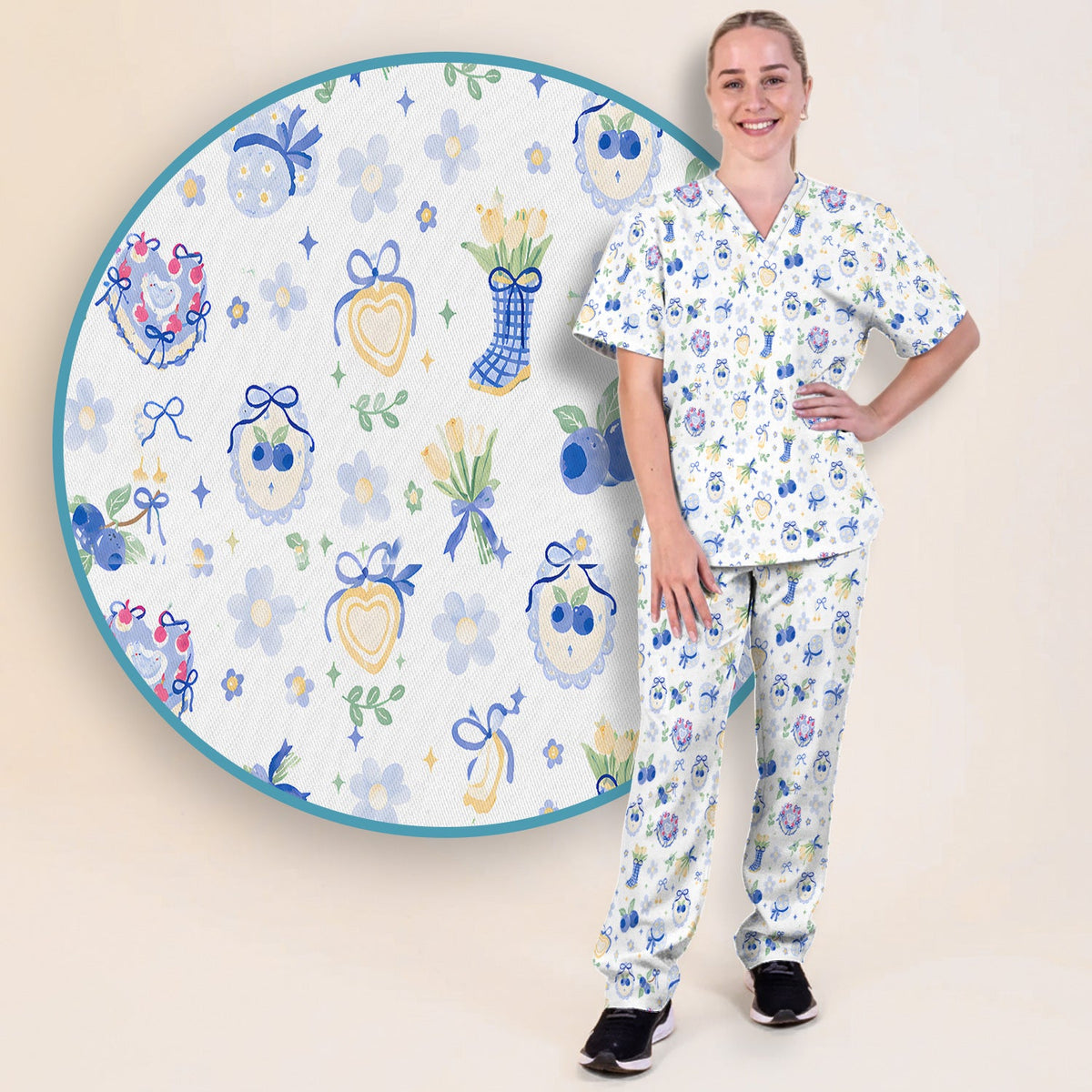 Cute Blueberry Bow Nurse Scrub Set