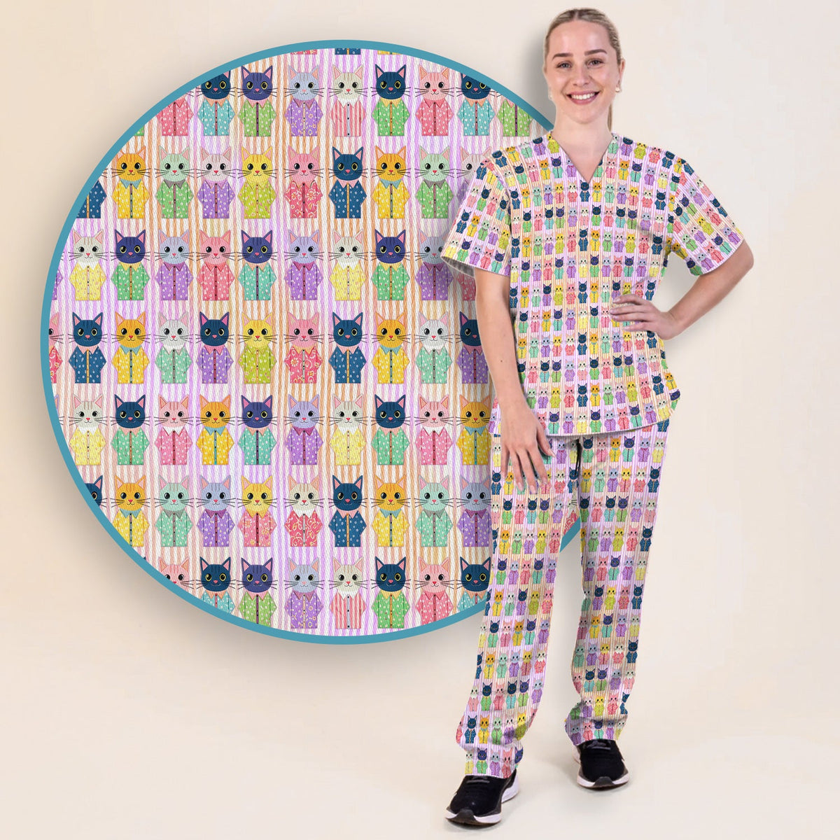 Cat Pajama Print Nurse Scrub Set