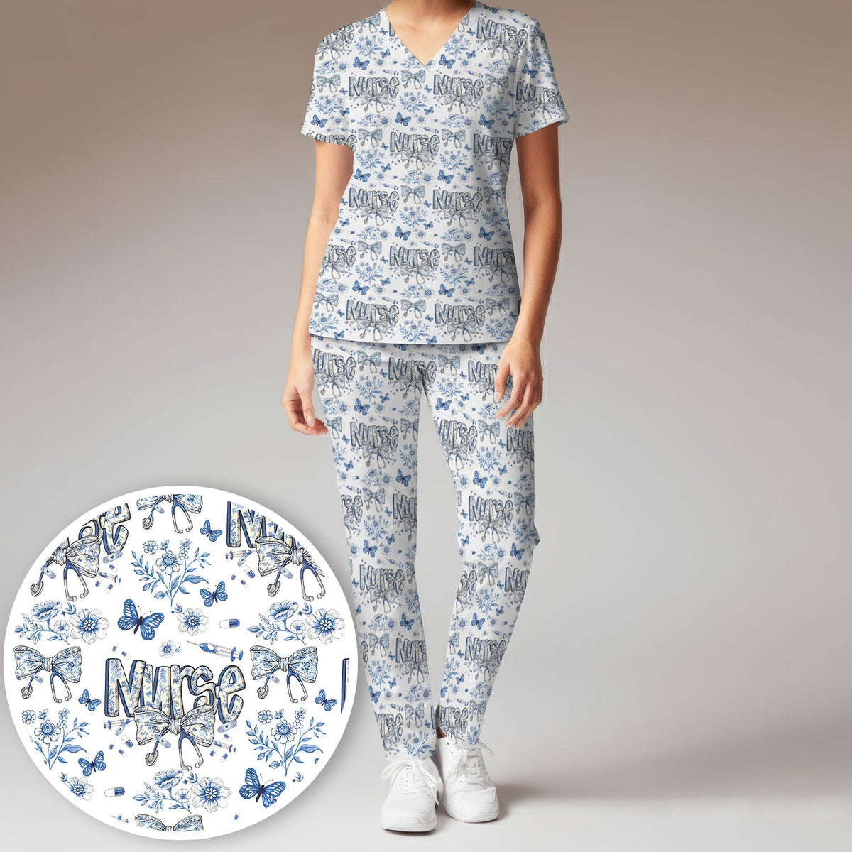 Blue Nurse Bow Butterfly Floral Scrub Set