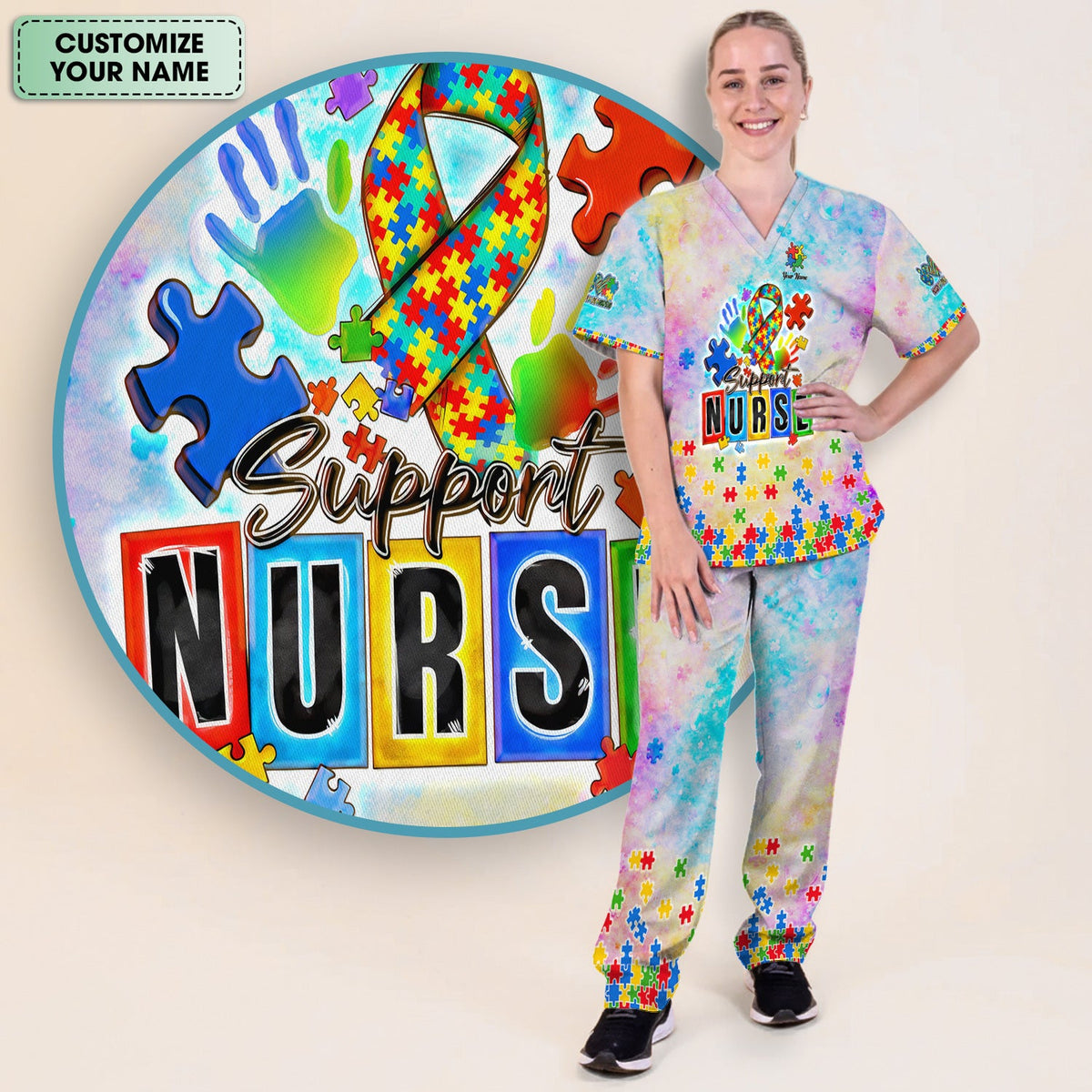 Personalized Autism Awareness Nurse Scrub Set